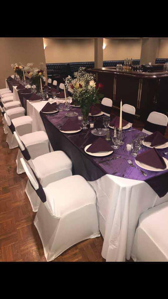 Napkins: $2 each, any color, if not using ASMH catering, (white included with catering) Chair Covers: $5 each Up lighting: $45 per light Chaffer Dishes with fluid: $35 per chaffer dish if not