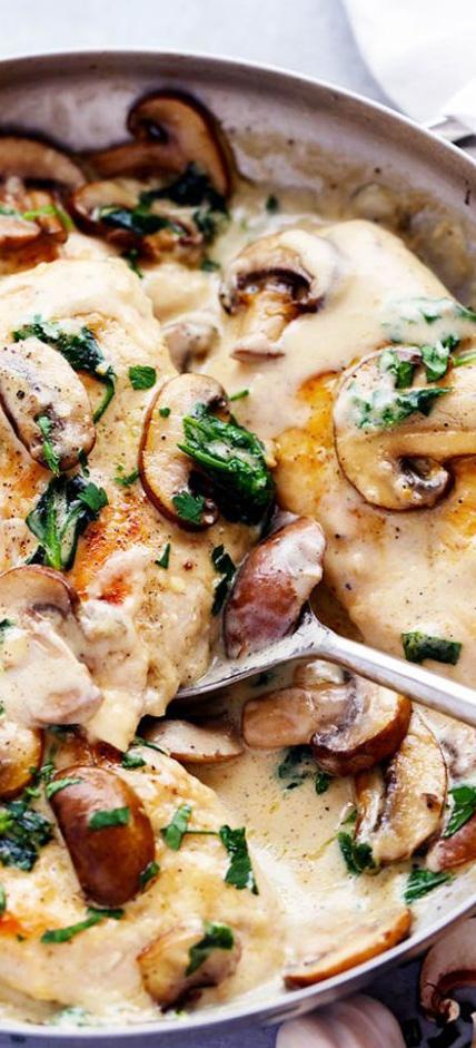 creamy parmesan garlic MUSHROOM CHICKEN PREP TIME 5 MIN COOK TIME 20 MIN TOTAL TIME 25 MIN SERVES 4 4 boneless, skinless chicken breasts, thinly sliced 2 Tablespoons Olive oil Salt Pepper 8 ounces