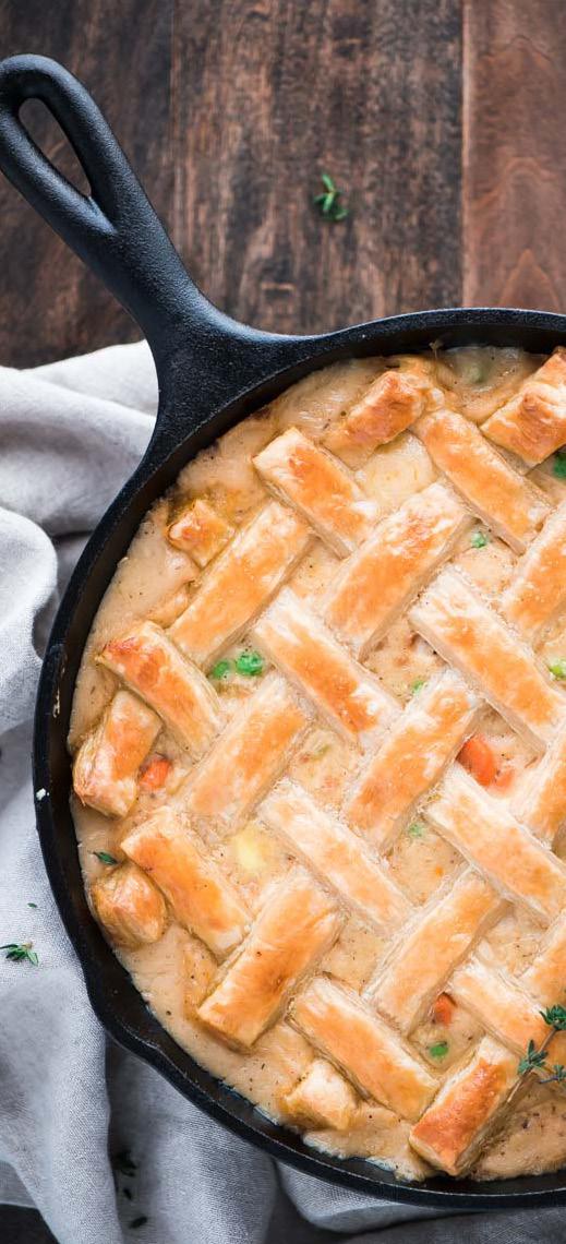 one skillet CHICKEN POT PIE SERVES 6 ½ cup butter 1 cup onion, finely diced 1 stalk celery, finely diced 1½ cups carrots, diced 2 cloves garlic, minced 1 teaspoon salt ½ cup flour ½ teaspoon dried