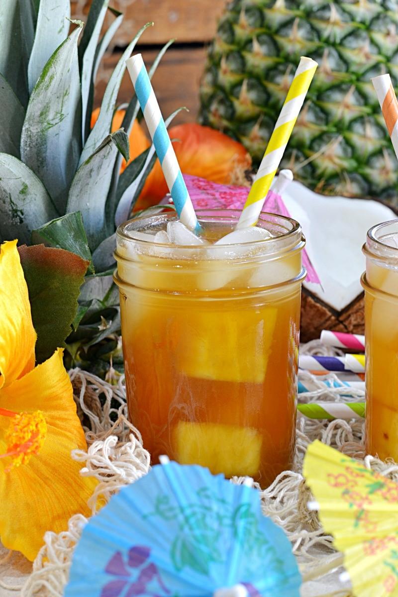 PINEAPPLE COCONUT ICED TEA For the Pineapple Coconut Simple Syrup: 1 pound fresh pineapple chunks 5 ounces unsweetened coconut 2 cups filtered cold water 2 cups granulated sugar For the Tea: 5