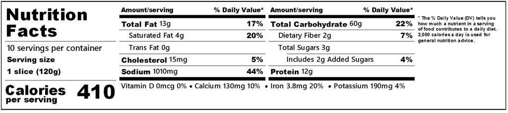 Carla uses the tabular label format to create a nutrition facts panel for her pizza. She saves all her work in a TechWizard formula file.