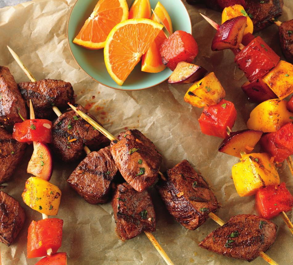 Citrus Beef & Fruit Kabobs Time - 40 to 45 Marinade Time - 5 to 2 hours pound beef Top Sirloin Steak Boneless, cut inch thick ¼ cup chopped fresh cilantro leaves tablespoon smoked paprika ¼ teaspoon