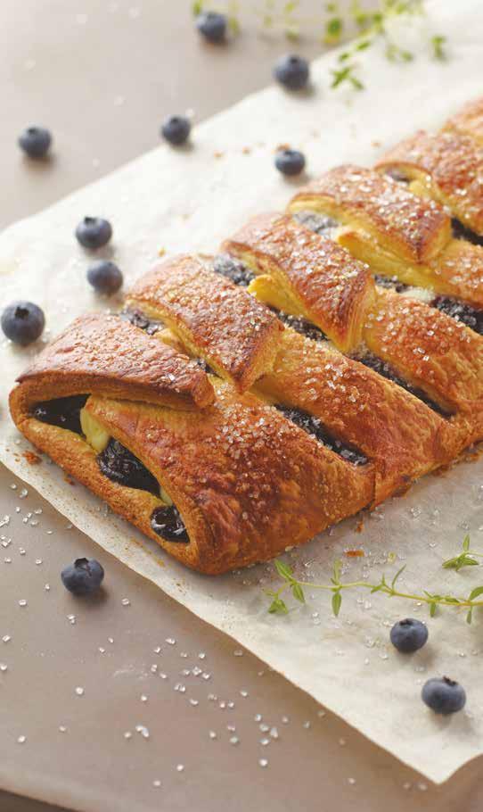 BLUEBERRY AND BRIE PASTRY Dawn Raw Danish Dough Slab...1 Exceptional Whole Blueberry Filling... 6 oz Brie... 6 oz 1. Roll out raw Danish dough to 1/8 thick. Trim to a 15 by 11 rectangle. 2.