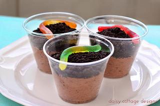 DIRT CUPS -Chocolate pudding -Crushed Oreos -Gummy worms : 1. Fill a clear glass or cup ½ way with pudding. 2. Add 2 tsps.