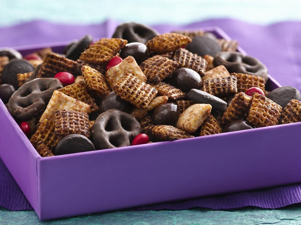 NEW FROM SUMMER OF 2018! ROLLING RIVER CHEX MIX -2 cups Rice Chex Cereal -1 cup Cheerios -1 cup pretzel sticks -1 cup of melted chocolate chips 1.