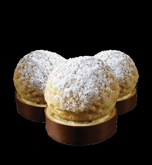 Connection Composition La Rose Noire Small Round Chocolate Shell Choux pastry with a crunchy top Roasted sesame crumble Lemon and ginger compote Banana cream Decoration Icing sugar Gold leaf Choux