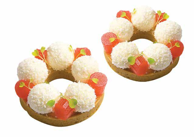 Fruity Crown Composition La Rose Noire Savarin Tart Shell Crunchy raspberry and macadamia praliné Lemon compote Coconut cremeux Rhubarb and pear jelly