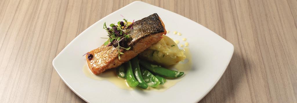 MAINS MEMBER VISITOR CRISPY SKIN ATLANTIC SALMON Served with coriander mash, bok choy and lemon sauce PAN SEARED BARRAMUNDI Served on mash with buttered green vegetables and lemon burre blanc