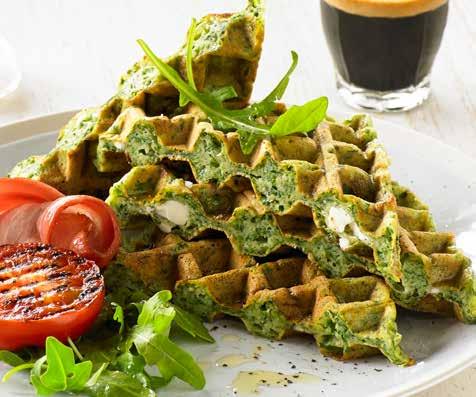 Danish feta and spinach SERVES 8 waffles PREP 10 COOK 10 Ingredients 2 eggs, separated 1½ cups milk 125g butter, melted 1½ cups self-raising flour 1 teaspoon salt 150g soft feta, coarsely crumbled ¼