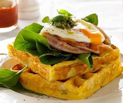 Corn and crispy bacon SERVES 10 waffles PREP 15 COOK 15 Ingredients 2 tablespoons oil 250g bacon rashers, rind removed and sliced 4 eggs 600ml buttermilk ¾ cup vegetable oil (such as sunflower or