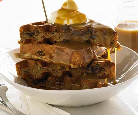 Sticky date and butterscotch sauce SERVES 8 waffles PREP 25 COOK 10 Ingredients 300g pitted dates, chopped 1½ cups water 1 teaspoon bi carb soda 4 eggs 1 cup milk 200g unsalted butter, melted and