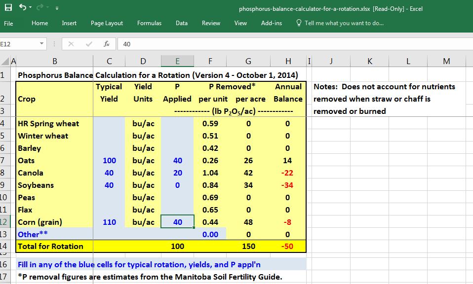 See: Phosphorus Balance Calculator for a Rotation MB Ag website http://www.manitoba.