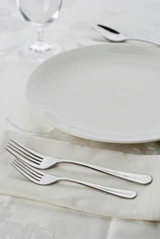 Plates are placed in the center of each cover Thumb length (1 inch) from the edge of the table Forks on the left Knives