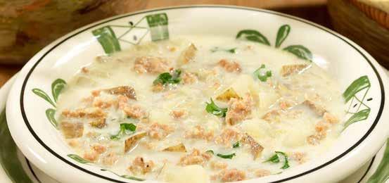 AED 25 Zuppa Toscana Zuppa Toscana Sautéed beef sausage with sliced potatoes, beef bacon and topped with rich cream broth.