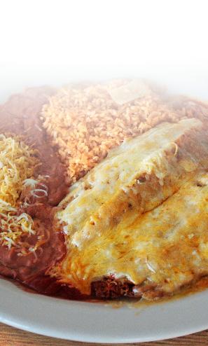 The Basics Whole beans or black beans may be substituted for refried beans. BURRITOS All burritos contain rice, beans and cheese and are topped with our house red sauce.
