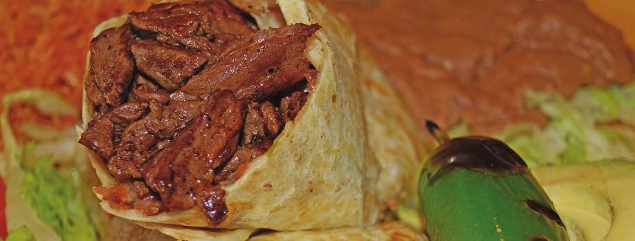 Giant Burritos Stuffed with refried beans, cheese, lettuce, tomato and your choice of meat Extra ingredients: cheese, sour cream or guacamole. Grilled Steak...7.95 Grilled tender Skirt Steak. Chicken.