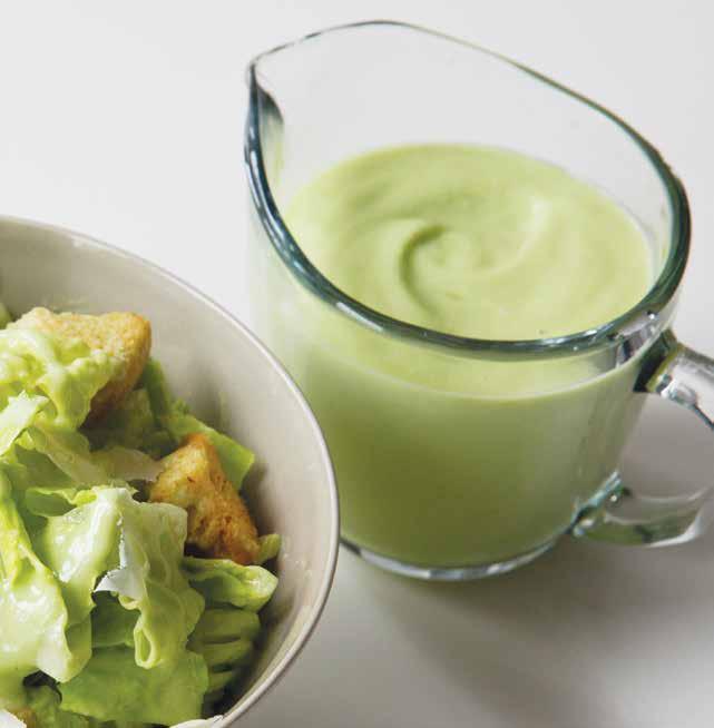 DRESSINGS AVOCADO CAESAR DRESSING PREP: 10 MINUTES MAKES: 2 CUPS 1 ripe avocado, peeled, cut in half, pit removed 3 cloves garlic, peeled 1 /2 cup shredded Parmesan cheese 1