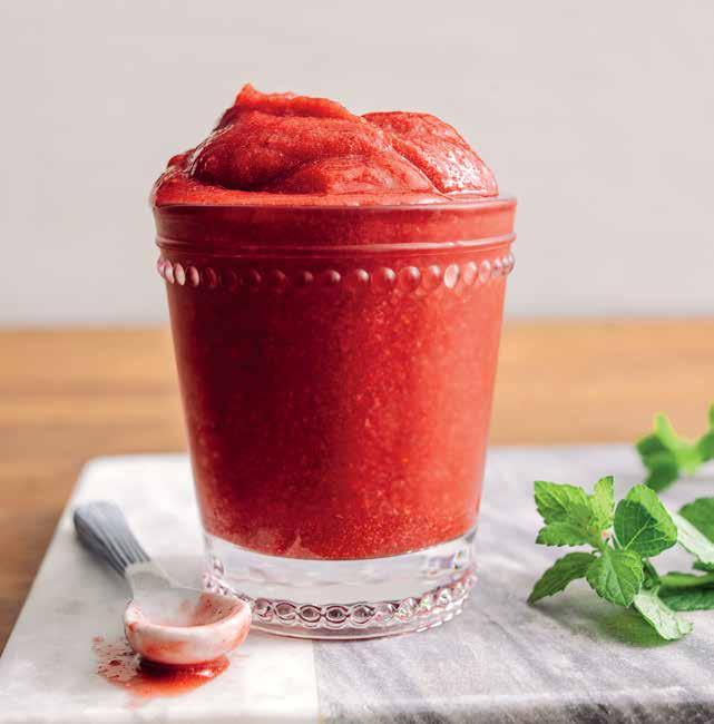 DESSERTS STRAWBERRY MINT SORBET FREEZE: 15 MINUTES 3 HOURS CONTAINER: 72-OUNCE TOTAL CRUSHING PITCHER MAKES: 2 SERVINGS 1 1 /2 cups frozen strawberries 4 fresh mint leaves 1 /2 cup pomegranate juice