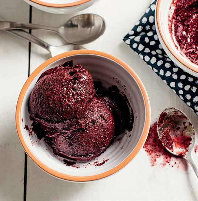 DESSERTS BLUEBERRY LEMON SORBET FREEZE: 15 MINUTES 3 HOURS CONTAINER: 72-OUNCE TOTAL CRUSHING PITCHER MAKES: 4 SERVINGS 1 3 /4 cups frozen blueberries 3 mint leaves 2 /3 cup lemonade 1 Place all