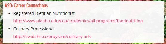 #20: Career Connections Registered Dietitian Culinary Professional Two possible careers for which you could use the information covered in this class