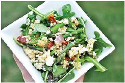 Quinoa, Arugula and Roasted Veggie Salad This healthy salad that starts with dark flavorful greens, then adds cooked veggies, creamy goat cheese, some tender quinoa.