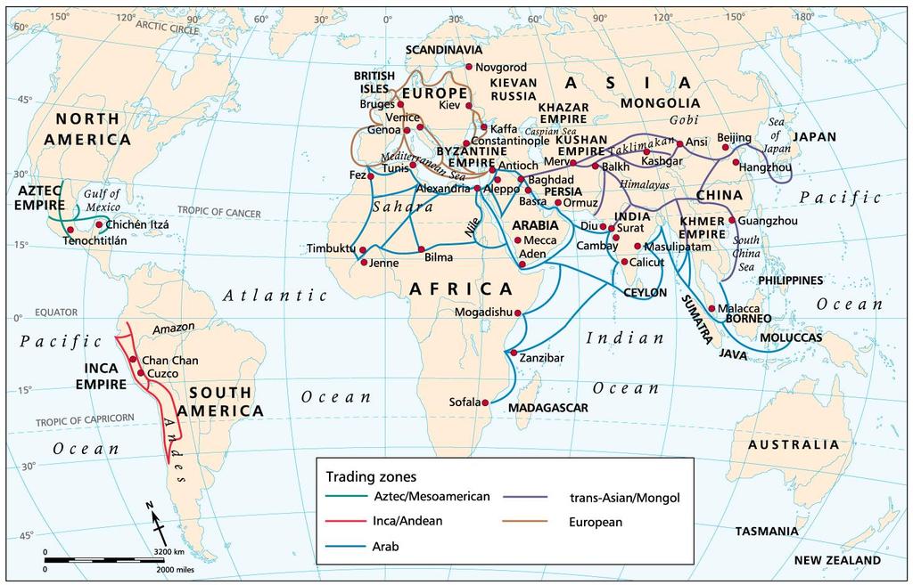 World trade routes. Between 1100 and 1500 a relay system of trade by land and sea connected almost all populous regions of Eurasia, as well as north and east Africa.