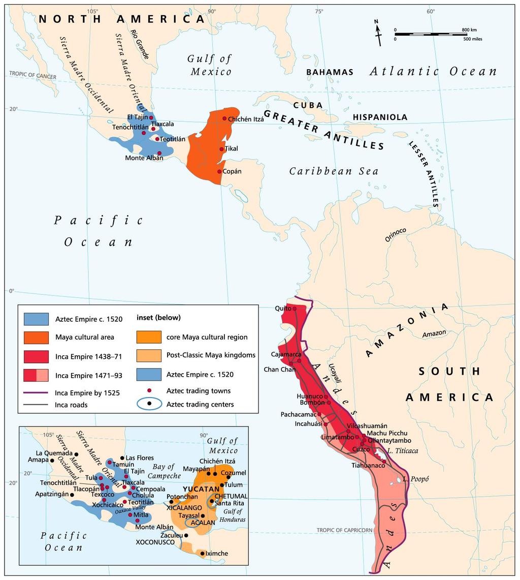 Pre-Columbian America. Pre-Columbian America had two great regions of trade and political power. In the north, the Aztec kingdom, centered on Tenochtitlán, dominated.