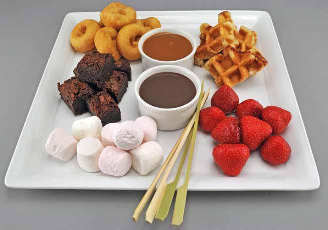 Sharing Fondue You ll need: Large Square Plate, 4 wooden skewers & 2 Ramekins Chocolate Brownie Waffle Marshmallows Strawberries Mini Doughnuts Chocolate Fudge Sauce Caramel Sauce 90g 1 Each 8 Each