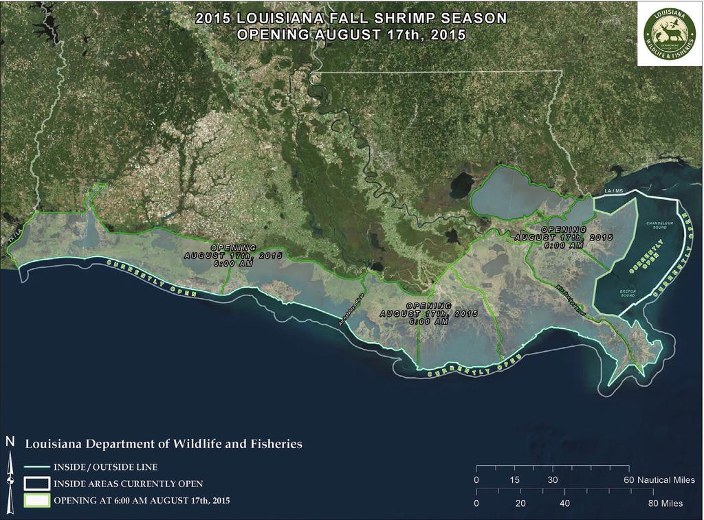 2 Louisiana Fall Shrimp Season The 2015 fall inshore shrimp season will open in state inside waters at 6 a.m., Monday, Aug. 17.