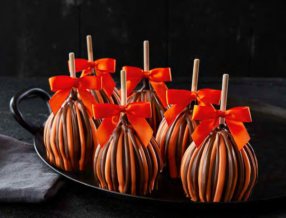 New! Halloween Bats Petite Caramel Apple Tray Six Petite Caramel Apples two Triple Chocolate, two Milk Chocolate Walnut, and two Toffee Walnut fill a scary yet sophisticated Halloween tray