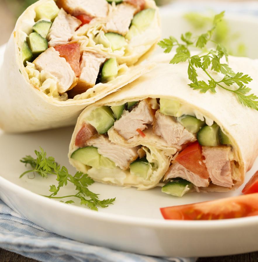 Quick and Easy Protein Wrap Ingredients (for 2 servings): 4 tablespoons hummus 2 whole-wheat wraps, heated 6 ounces no-salt-added, delistyle turkey ½ cup cucumber (peeled and diced) Spread 2