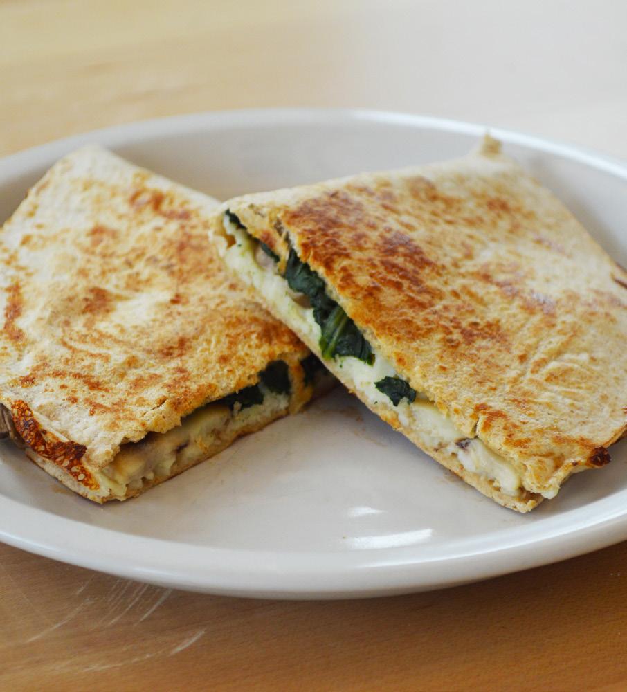 This recipe is: high in protein ½ cup Roma tomatoes (diced) 2 tablespoons reduced-fat, crumbled feta cheese 2 green olives (diced) Spinach and Mushroom Quesadilla Ingredients (for 2 servings): ½