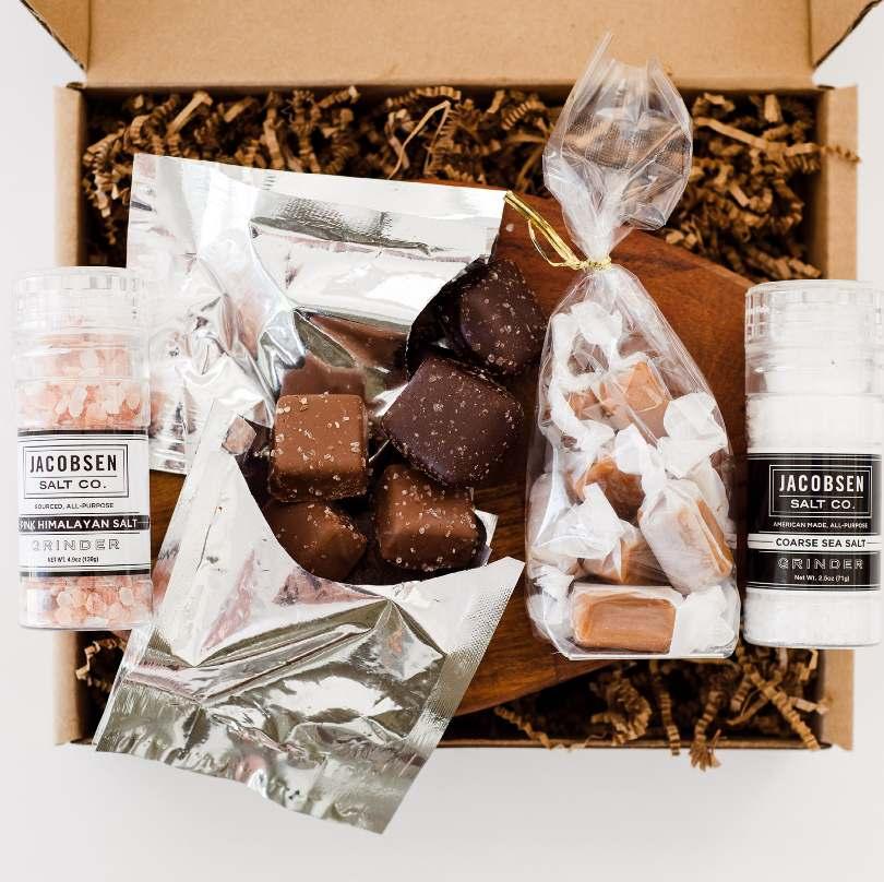 of our craft salted caramels and salted chocolate caramels along with hand-harvested Jacobsen Salt Co. sea salt and an acacia wood serving board.