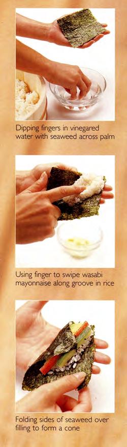 SUSHI HAND-ROLLS MAKES 16 HAND-ROLLS Preparation time 30 minutes 3 cups prepared sushi rice 4 sheets toasted seaweed 1 large avocado 1 tablespoon lemon juice 2 tablespoons mayonnaise 1 teaspoon
