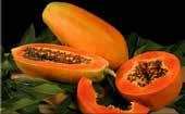 + Banana Plantain Papaya A papaya is a fruit with a green skin, sweet yellow flesh, and small black seeds.