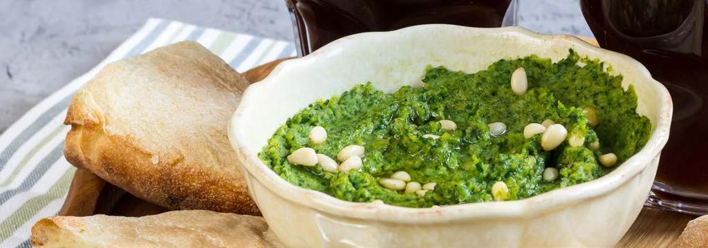 VEGETARIAN LUNCH 6 Pistachio & Spinach Hummus Cook Time: 20 min Serving: 4 For Pesto: 2 cups basil ½ cup spinach ½ cup pistachio, toasted 4 cloves garlic ½ cup extra virgin olive oil 4 tbsp