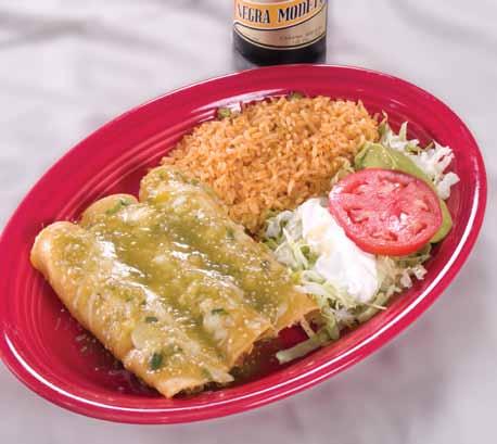 Enchiladas Verdes Burrito a la Mexicana Burritos del Mar Chimichangas Enchiladas Bandera One shredded chicken enchilada, one beef enchilada and one cheese enchilada topped with red, green and cheese