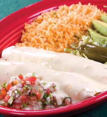 75 Enchiladas Rancheras Three cheese enchiladas topped with pork, tomatoes, onions and bell peppers, served with lettuce, guacamole, sour cream, rice and beans 9.