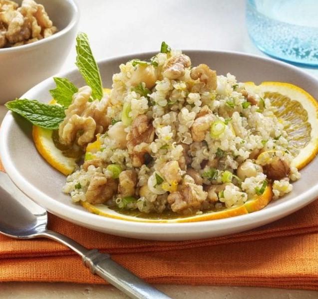 Couscous with Walnut Ingredients 2 cups cooked couscous 1 small red onion minced 1 can white tuna drained 1/2 cup cilantro 1 cup chick-peas 1/2 cup chopped walnuts Cook couscous as per package