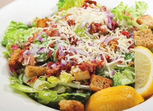 Caesar Salad Romaine lettuce tossed in a tangy roasted garlic and asiago dressing, mixed with crisp Maple Leaf bacon, shaved red onion, shredded asiago cheese and house-made fergasa croutons. $8.