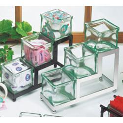 15 496038 Coffee Amenities Square Holder, 3 Step Unit, Black Frame with Green Glass Jars