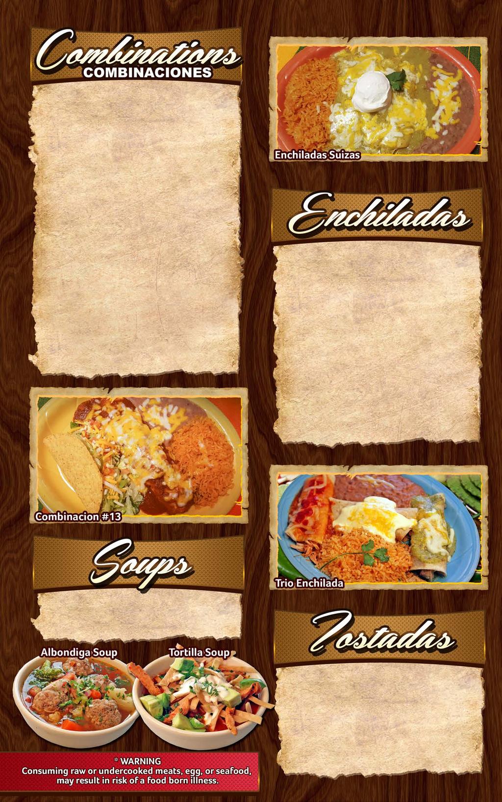 Served with rice and beans 1. BEEF BURRITO AND CHIMICHANGA 11.95 2. CHILE RELLENO AND ENCHILADA 11.95 3. BEEF BURRITO AND ENCHILADA 11.95 4. ENCHILADA AND CHIMICHANGA 11.95 5.