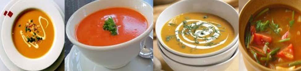 SOUPS 65K PUMPKIN SOUP Chunky or smooth pumpkin soup with carrots & orange juice, with Mango-Chutney CLEAR Vegetable Soup With cauliflower, potatoes, carrots and cabbage in clear broth CREAMY