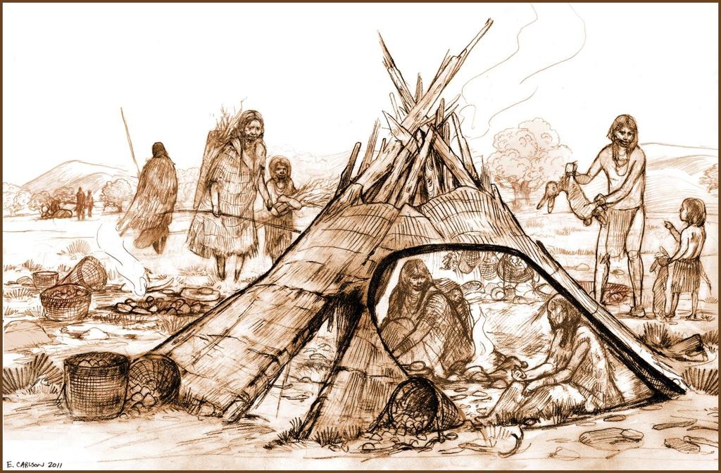 Artist Drawing of the Blue Knife Basin House This drawing shows how the Archaic basin house, known as the Blue Knife Site, might have looked when it was being used.