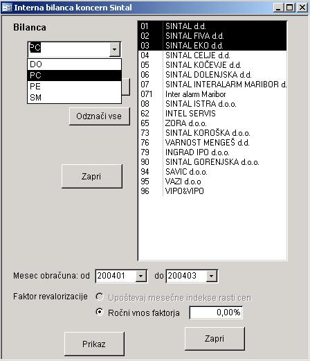 Slika 17: Uporabniški vmesnik programa Bilanca in primer prikaza podatkov Vir: Lasten Vsako podjetje ima svoj podatkovni in programski strežnik, ki preko ADSL povezav komunicira z osrednjim