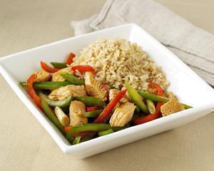 Turkey & Pepper stir fry Serves 2 Ingredients: Spray olive oil 1 clove of garlic crushed 190g diced turkey ½ red pepper ½ green pepper 1 spring onion sliced 2 teaspoons soy sauce, 2 tablespoons
