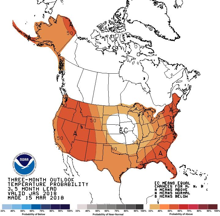 The seasonal outlook shows 50-60% probability of above-normal temperatures this. 33 www.cpc.ncep.noaa.