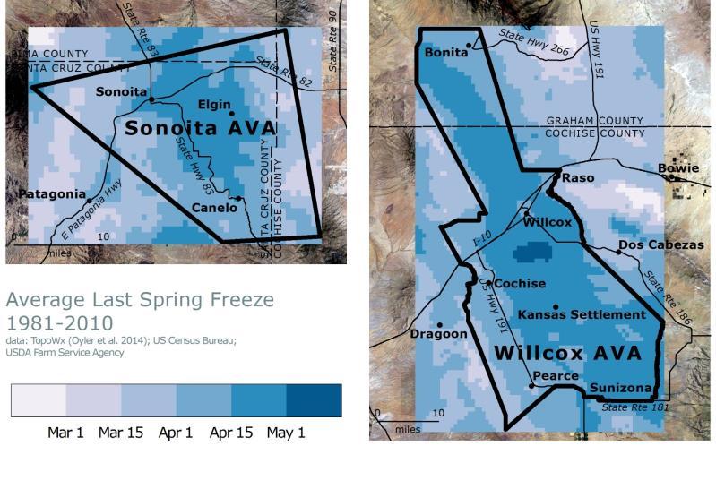 On average, the date of the last freeze occurs in April for much of the Sonoita and Willcox AVAs.