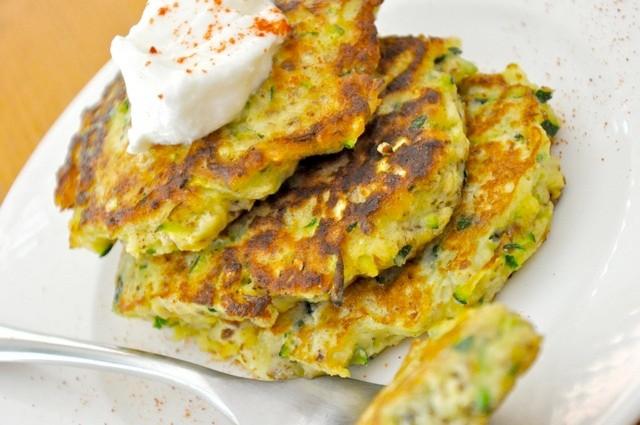 Real Healthy Zucchini Cakes This recipe is very light, with no potato or gluten weighing it down. Top it with a dollop of plain Greek yogurt and a sprinkle of sweet paprika.