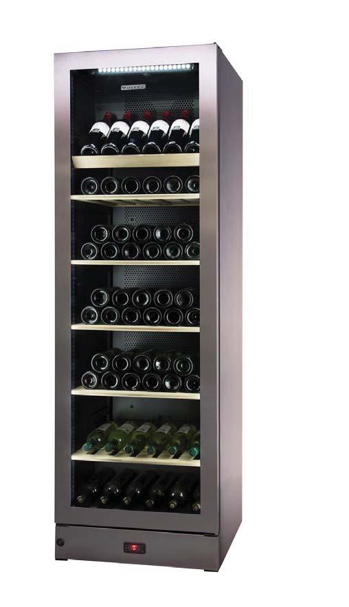 V30SGMEBK Wine Storage Cabinets (Free Standing Only) Single temperature Black frame glass door 4 wooden shelves Small LED digital readout and light Double layer glass door Adjustable feet Reversible